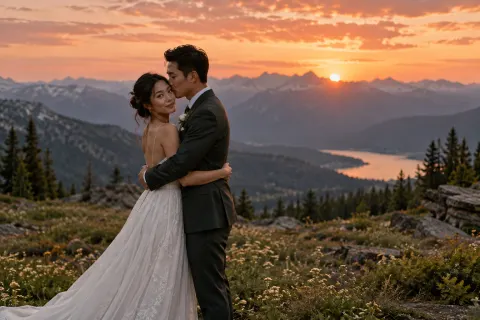 A couple embracing on an alpine meadow at sunset