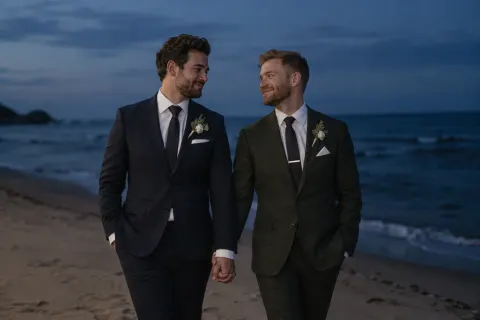 Two grooms holding hands on a beach at blue hour