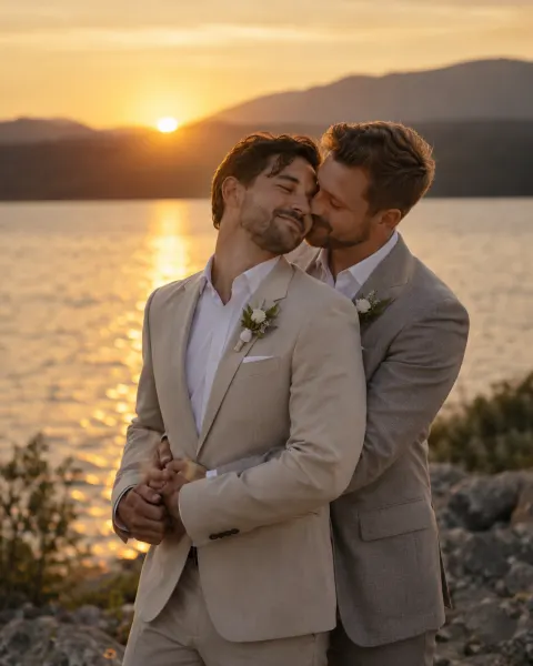 Two grooms embracing beside a lake at sunset