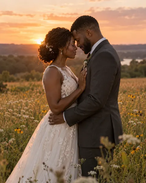 A bride and groom touching foreheads in a wildflower meadow
