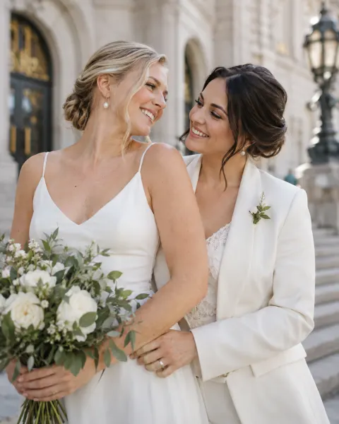 Two brides embracing outside a city hall at midday