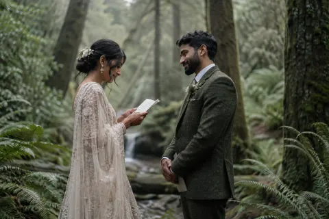 A couple reading private vows in a fern-filled forest