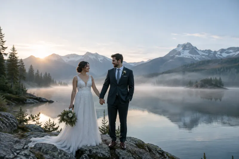 An eloping couple holding hands beside a misty alpine lake at sunrise