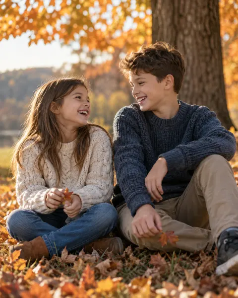 A brother and sister laughing under an autumn tree