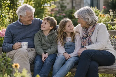 Grandparents and grandchildren talking on a garden bench