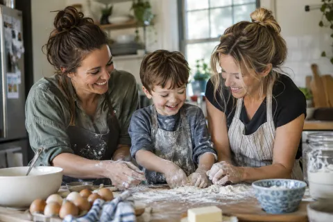 Two mothers baking with their son in a bright kitchen