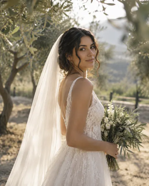 A bride in a lace gown and veil in a sunlit olive grove