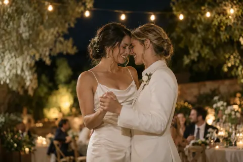 Two brides sharing their first dance under string lights