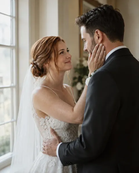 A bride touching her groom's cheek at their first look by a window