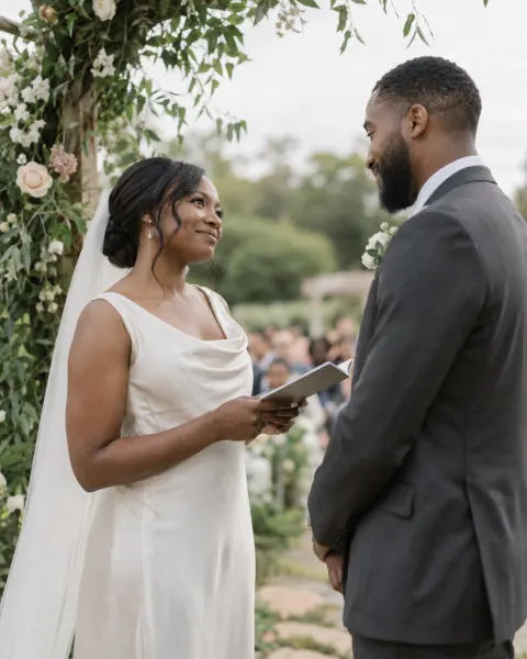 A bride and groom exchanging vows under a garden arbor