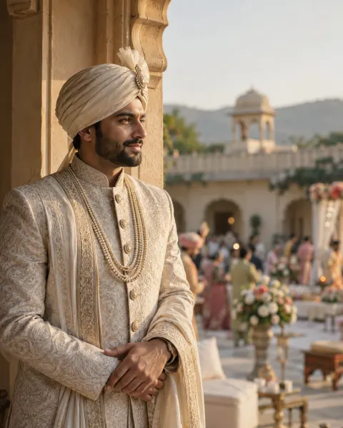 A groom in a cream sherwani in a wedding courtyard