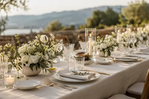 A reception table set with ivory linen, white flowers and candles