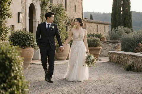 Newlyweds walking hand in hand through a stone villa courtyard